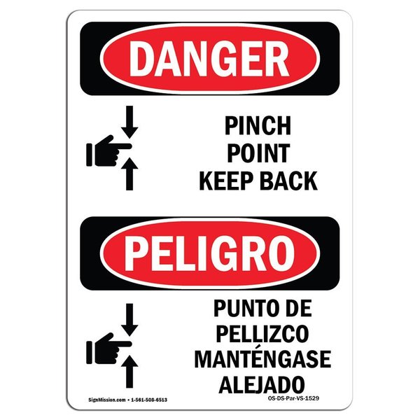 Signmission OSHA Sign, Pinch Point Keep Back Bilingual, 14in X 10in Decal, 10" W, 14" L, Bilingual Spanish OS-DS-D-1014-VS-1529